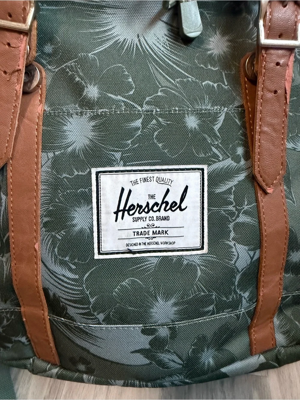 Herschel Supply Company Floral Print Backpack in Dark Green with Brown Straps